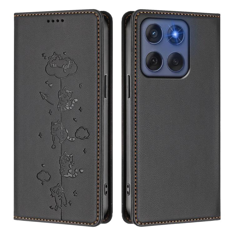 For Motorola Edge 60 Fusion Cute Cats Embossed Magnetic RFID Vegan Leather Phone Case