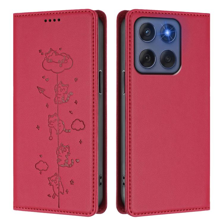 For Motorola Edge 60 Fusion Cute Cats Embossed Magnetic RFID Vegan Leather Phone Case