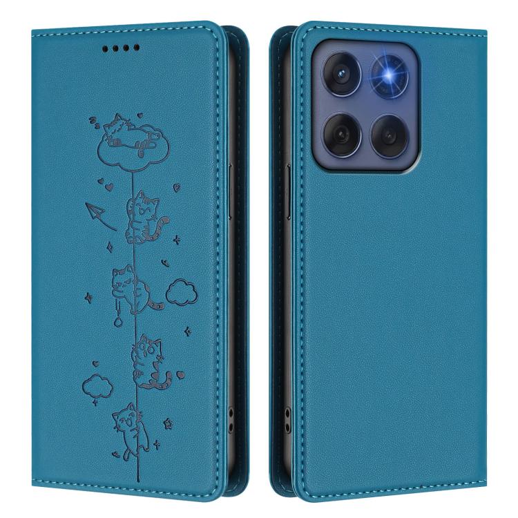 For Motorola Edge 60 Fusion Cute Cats Embossed Magnetic RFID Vegan Leather Phone Case