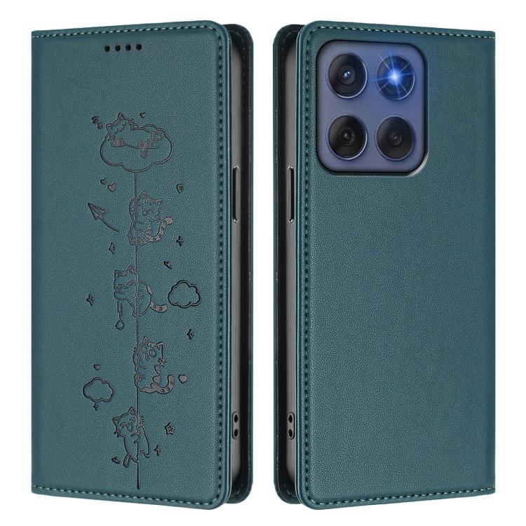 For Motorola Edge 60 Fusion Cute Cats Embossed Magnetic RFID Vegan Leather Phone Case