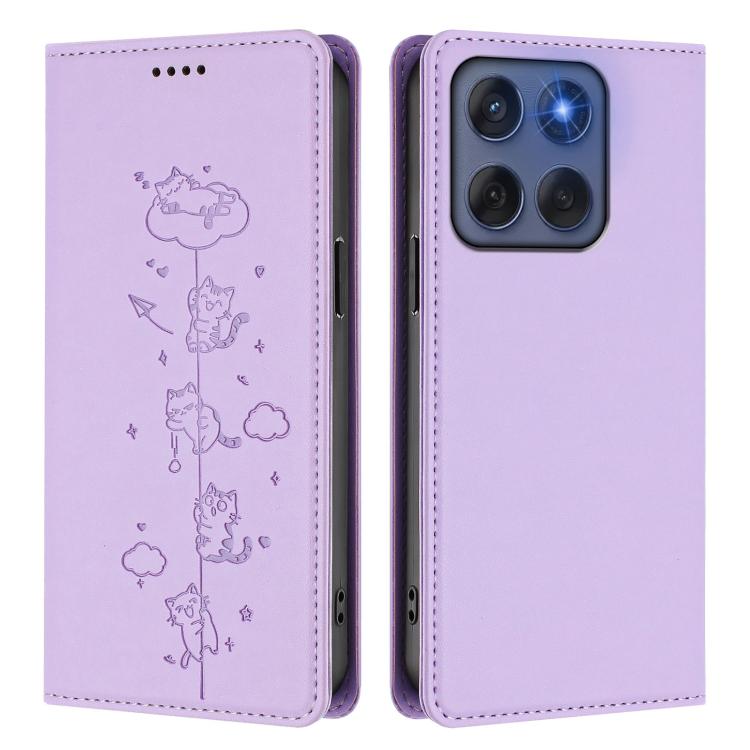 For Motorola Edge 60 Fusion Cute Cats Embossed Magnetic RFID Vegan Leather Phone Case