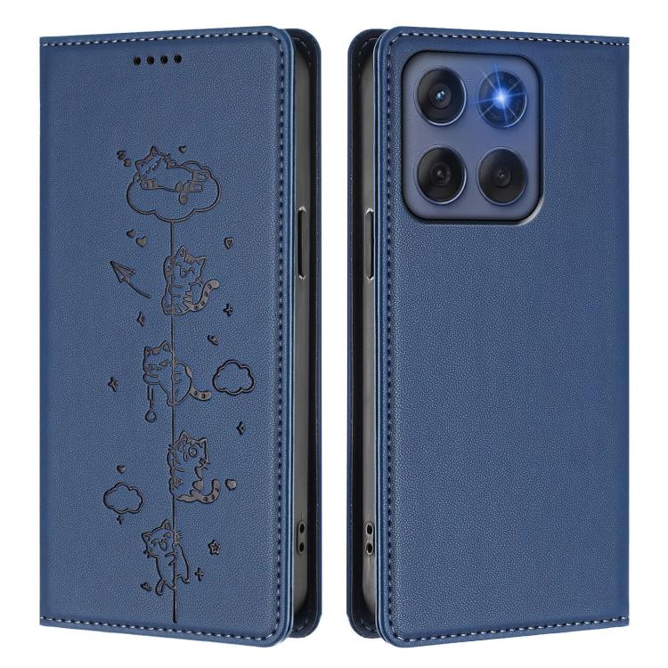 For Motorola Edge 60 Fusion Cute Cats Embossed Magnetic RFID Vegan Leather Phone Case