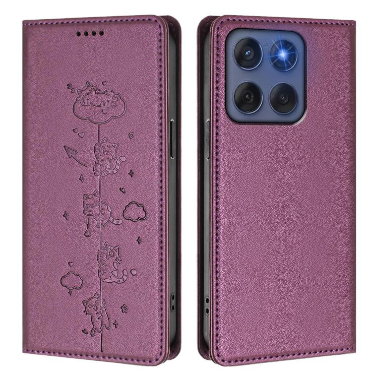 For Motorola Edge 60 Fusion Cute Cats Embossed Magnetic RFID Vegan Leather Phone Case