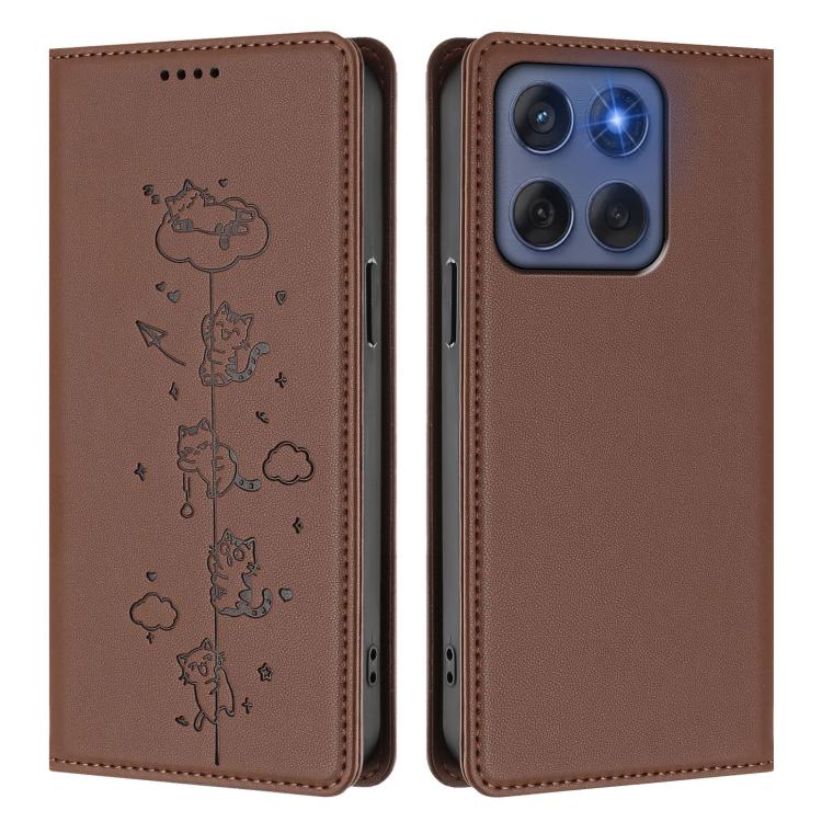 For Motorola Edge 60 Fusion Cute Cats Embossed Magnetic RFID Vegan Leather Phone Case