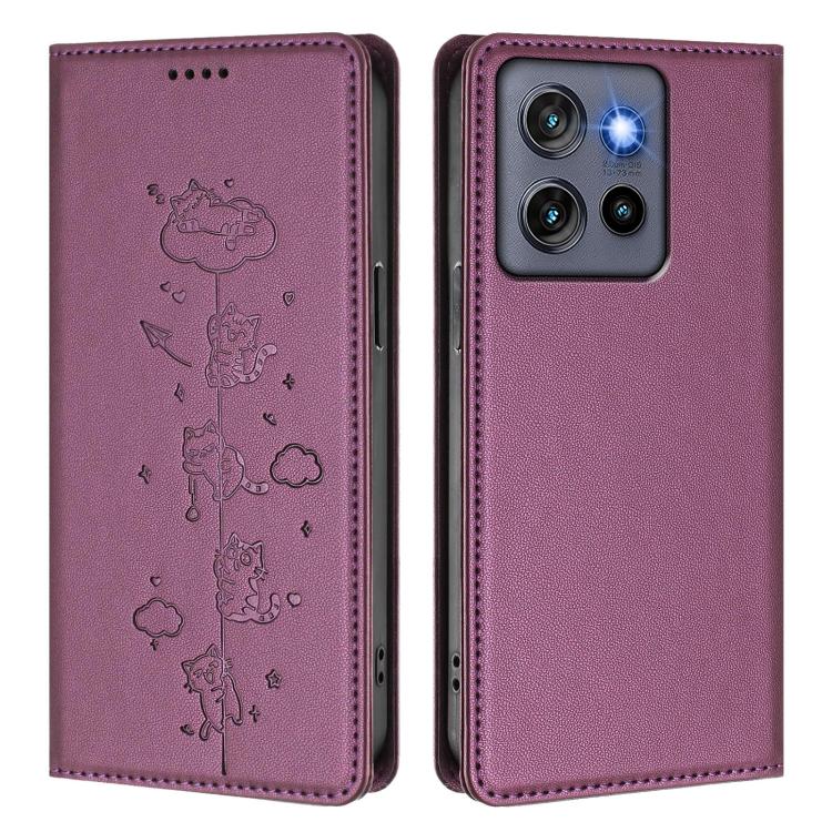 For Motorola Edge 60 Neo Cute Cats Embossed Magnetic RFID Vegan Leather Phone Case
