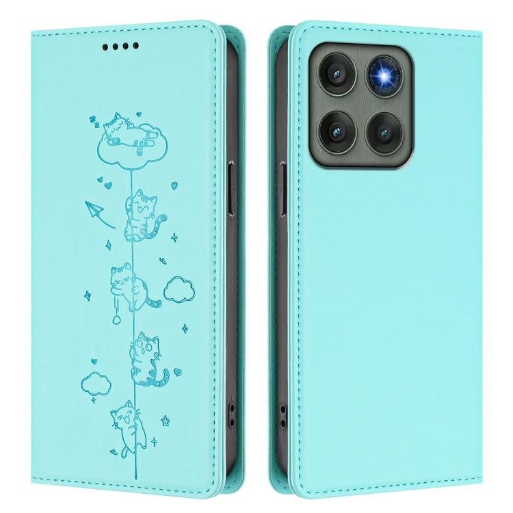 For Motorola Edge 60 Pro Cute Cats Embossed Magnetic RFID Vegan Leather Phone Case