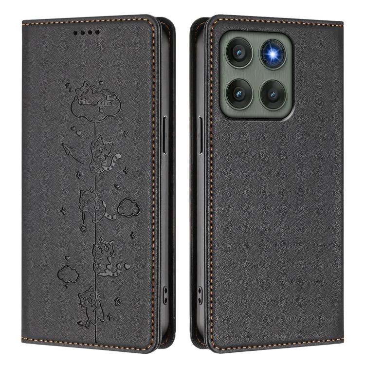 For Motorola Edge 60 Pro Cute Cats Embossed Magnetic RFID Vegan Leather Phone Case