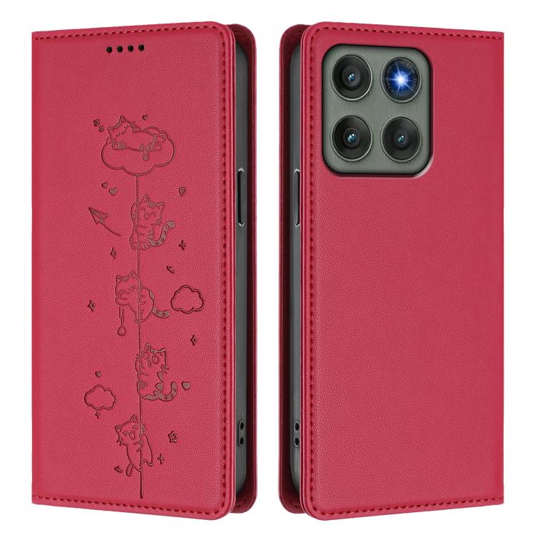 For Motorola Edge 60 Pro Cute Cats Embossed Magnetic RFID Vegan Leather Phone Case