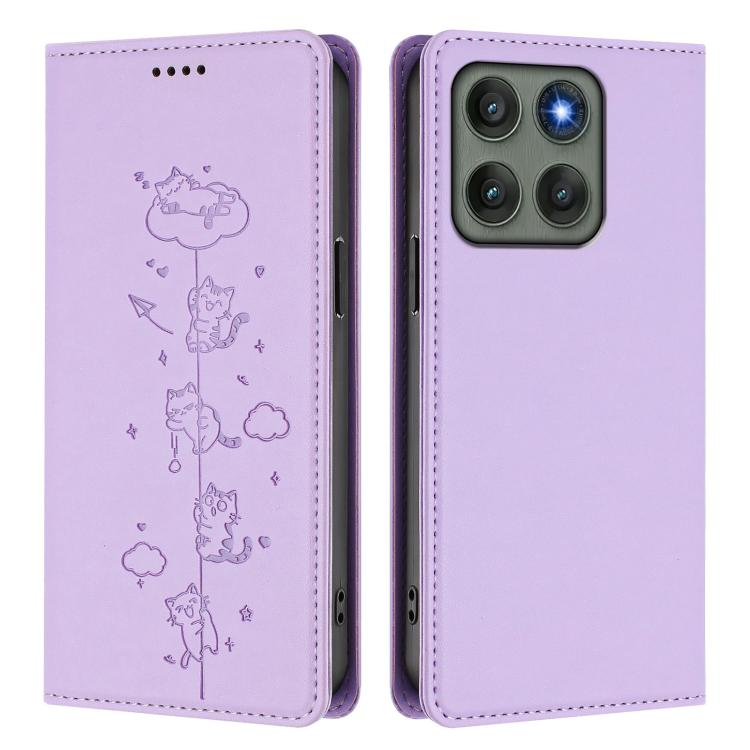 For Motorola Edge 60 Pro Cute Cats Embossed Magnetic RFID Vegan Leather Phone Case