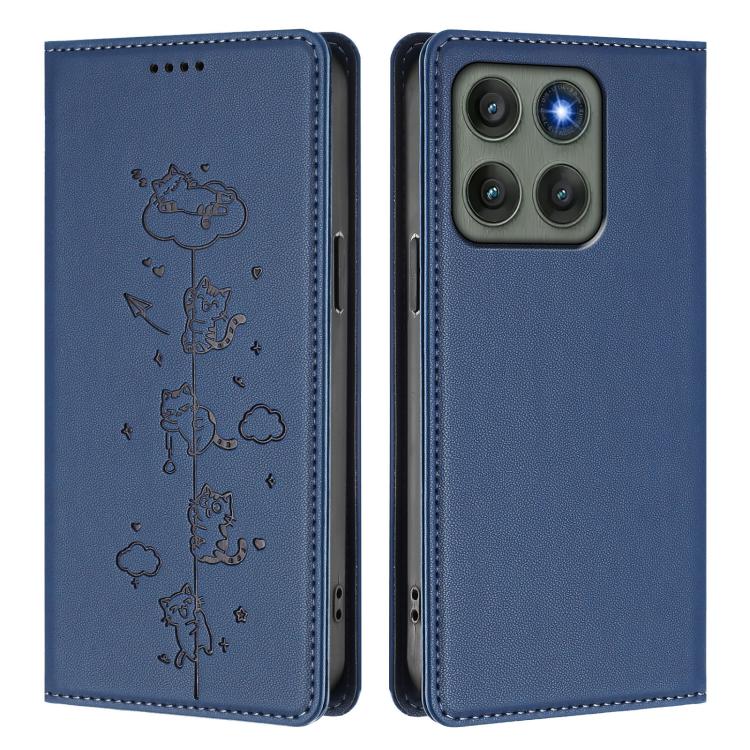 For Motorola Edge 60 Pro Cute Cats Embossed Magnetic RFID Vegan Leather Phone Case