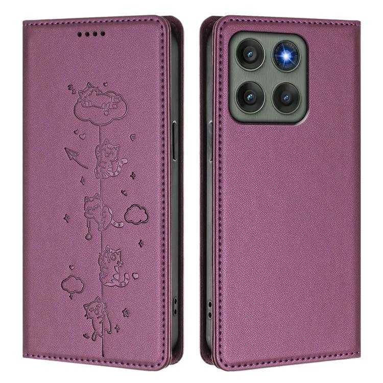 For Motorola Edge 60 Pro Cute Cats Embossed Magnetic RFID Vegan Leather Phone Case