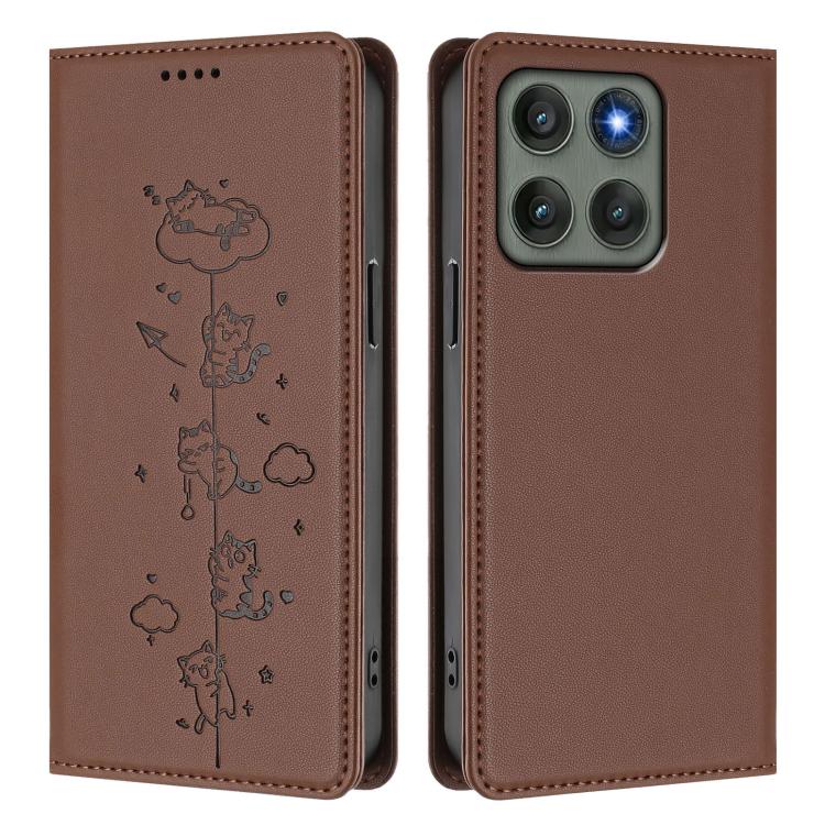 For Motorola Edge 60 Pro Cute Cats Embossed Magnetic RFID Vegan Leather Phone Case
