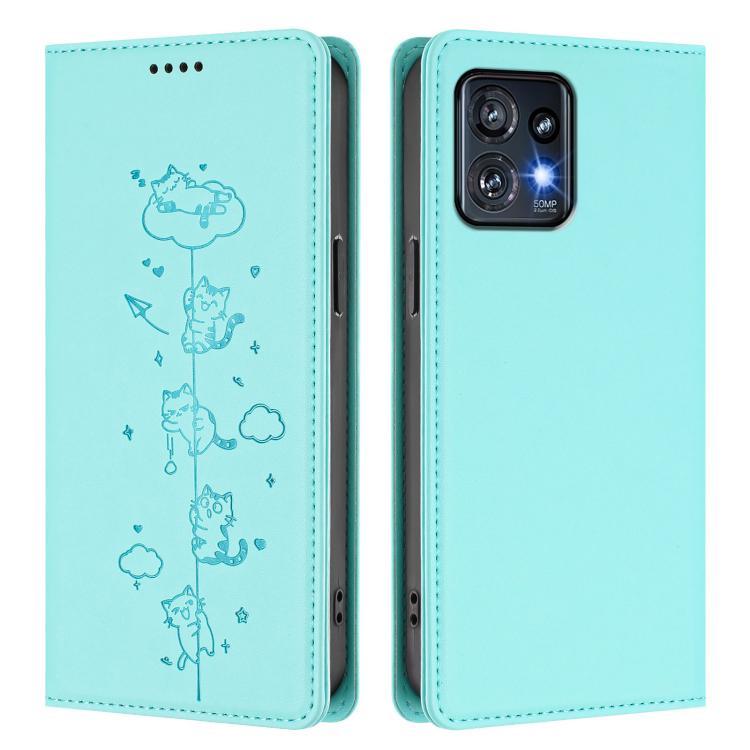 For Motorola Edge+ 2023 / Moto X40 Cute Cats Embossed Magnetic RFID Vegan Leather Phone Case