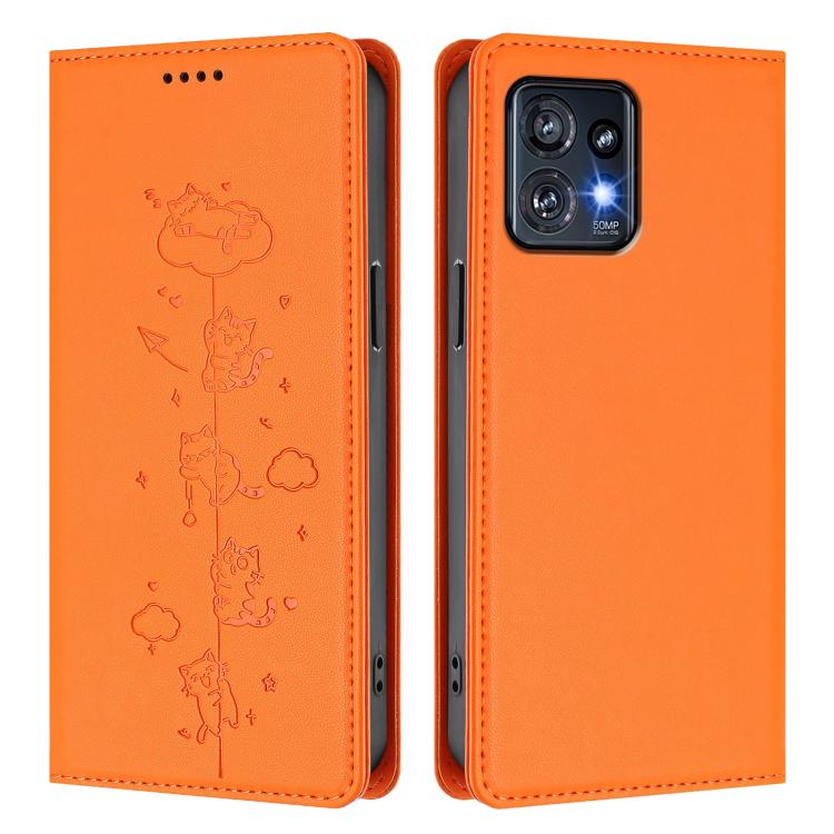 For Motorola Edge+ 2023 / Moto X40 Cute Cats Embossed Magnetic RFID Vegan Leather Phone Case