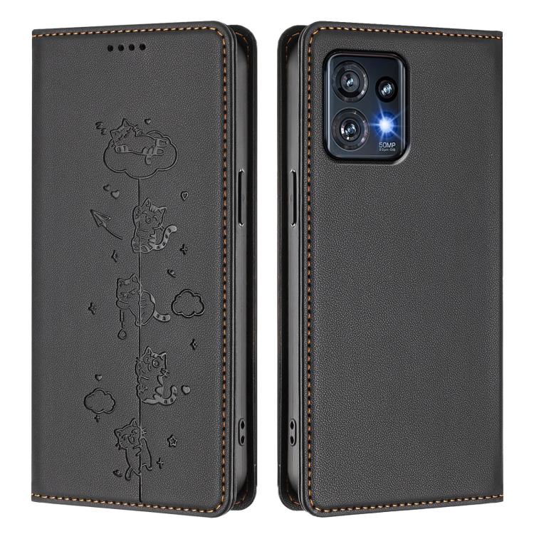 For Motorola Edge+ 2023 / Moto X40 Cute Cats Embossed Magnetic RFID Vegan Leather Phone Case
