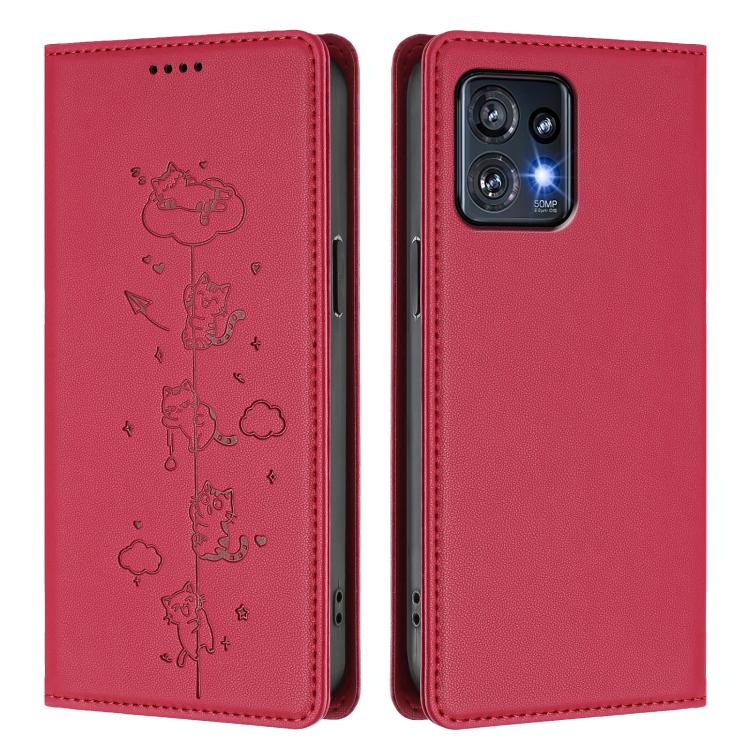 For Motorola Edge+ 2023 / Moto X40 Cute Cats Embossed Magnetic RFID Vegan Leather Phone Case