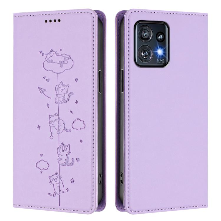 For Motorola Edge+ 2023 / Moto X40 Cute Cats Embossed Magnetic RFID Vegan Leather Phone Case