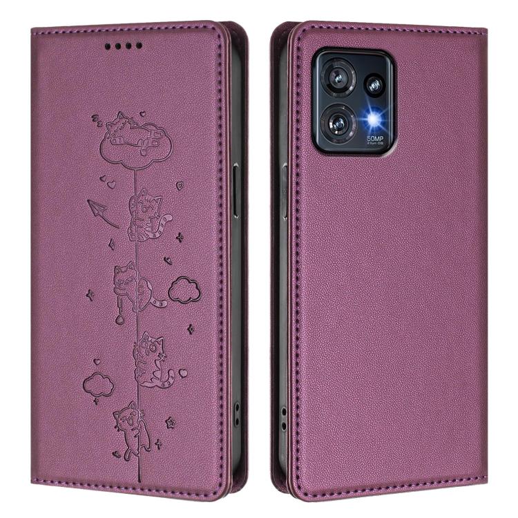 For Motorola Edge+ 2023 / Moto X40 Cute Cats Embossed Magnetic RFID Vegan Leather Phone Case