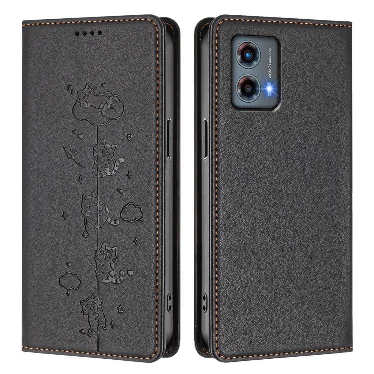 For Motorola Moto G 5G 2023 Cute Cats Embossed Magnetic RFID Vegan Leather Phone Case