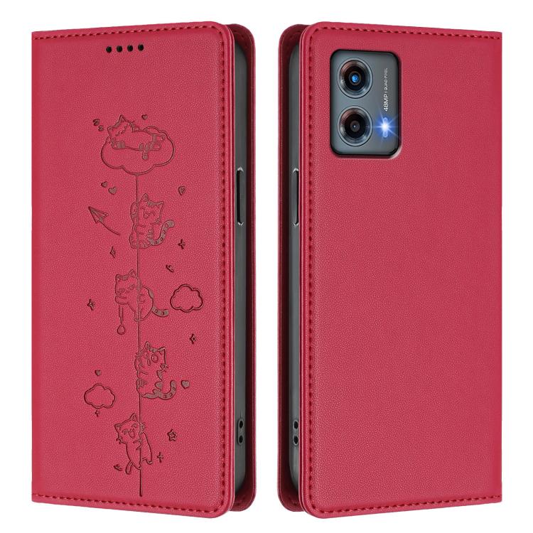 For Motorola Moto G 5G 2023 Cute Cats Embossed Magnetic RFID Vegan Leather Phone Case