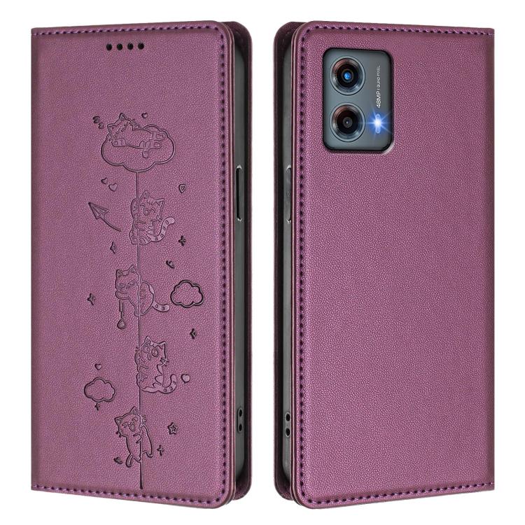 For Motorola Moto G 5G 2023 Cute Cats Embossed Magnetic RFID Vegan Leather Phone Case