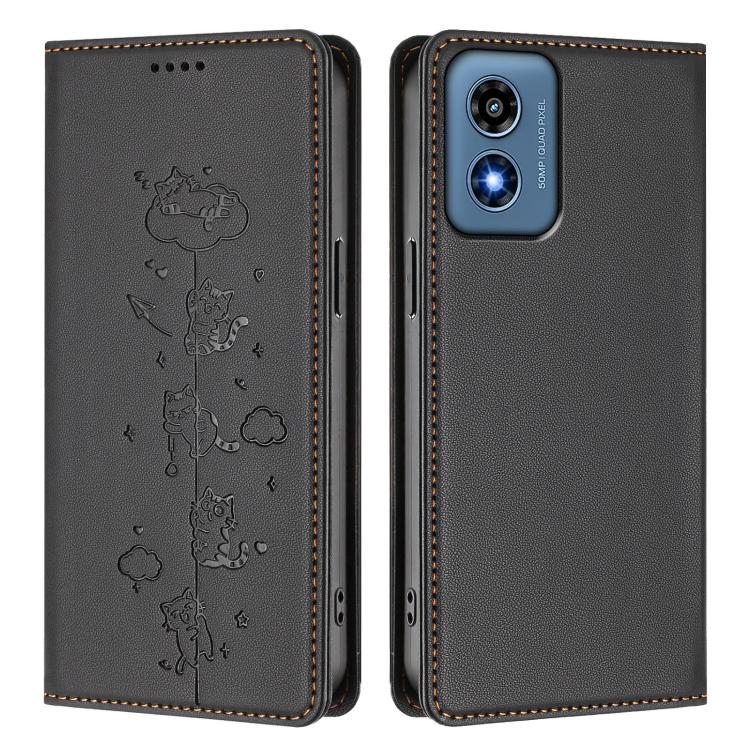 For Motorola Moto G Play 4G 2024 Cute Cats Embossed Magnetic RFID Vegan Leather Phone Case