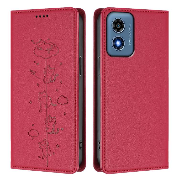 For Motorola Moto G Play 4G 2024 Cute Cats Embossed Magnetic RFID Vegan Leather Phone Case
