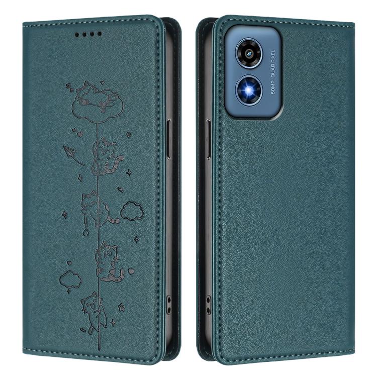 For Motorola Moto G Play 4G 2024 Cute Cats Embossed Magnetic RFID Vegan Leather Phone Case