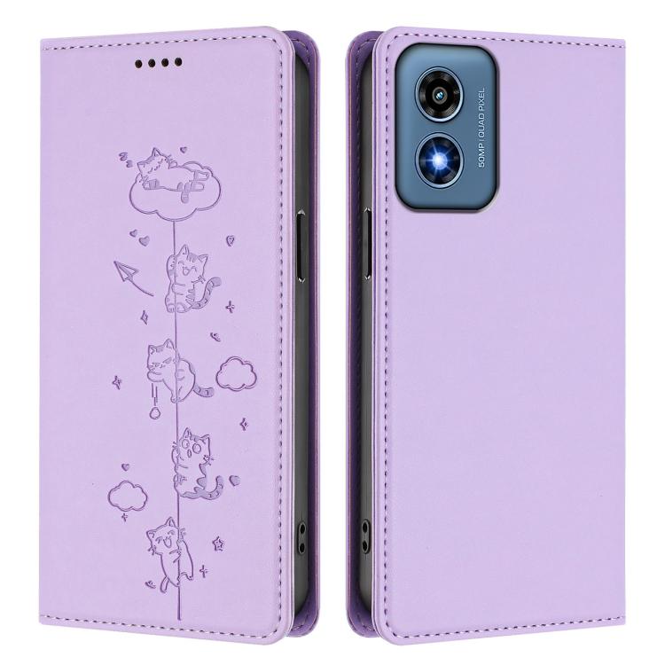For Motorola Moto G Play 4G 2024 Cute Cats Embossed Magnetic RFID Vegan Leather Phone Case