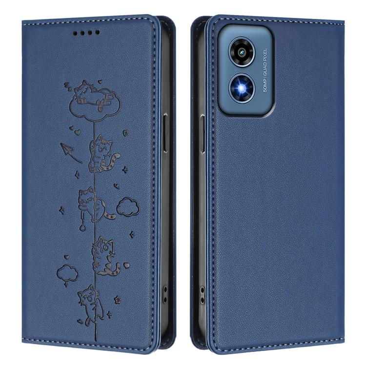 For Motorola Moto G Play 4G 2024 Cute Cats Embossed Magnetic RFID Vegan Leather Phone Case