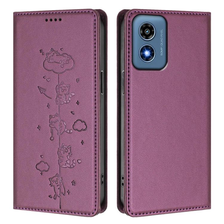 For Motorola Moto G Play 4G 2024 Cute Cats Embossed Magnetic RFID Vegan Leather Phone Case
