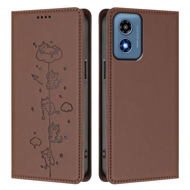 For Motorola Moto G Play 4G 2024 Cute Cats Embossed Magnetic RFID Vegan Leather Phone Case