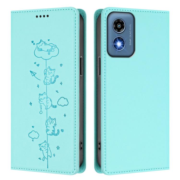 For Motorola Moto G Play 5G 2024 Cute Cats Embossed Magnetic RFID Vegan Leather Phone Case