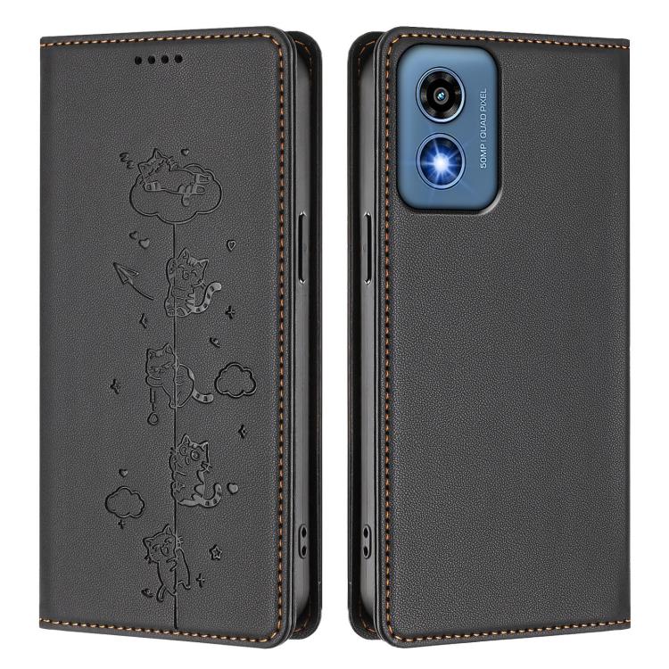 For Motorola Moto G Play 5G 2024 Cute Cats Embossed Magnetic RFID Vegan Leather Phone Case