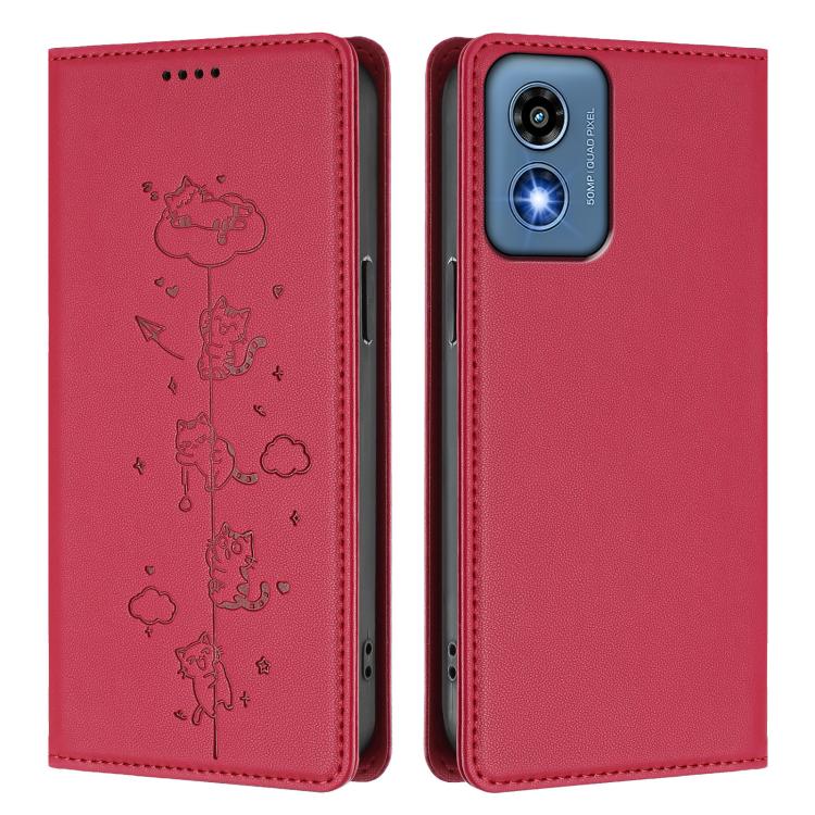 For Motorola Moto G Play 5G 2024 Cute Cats Embossed Magnetic RFID Vegan Leather Phone Case