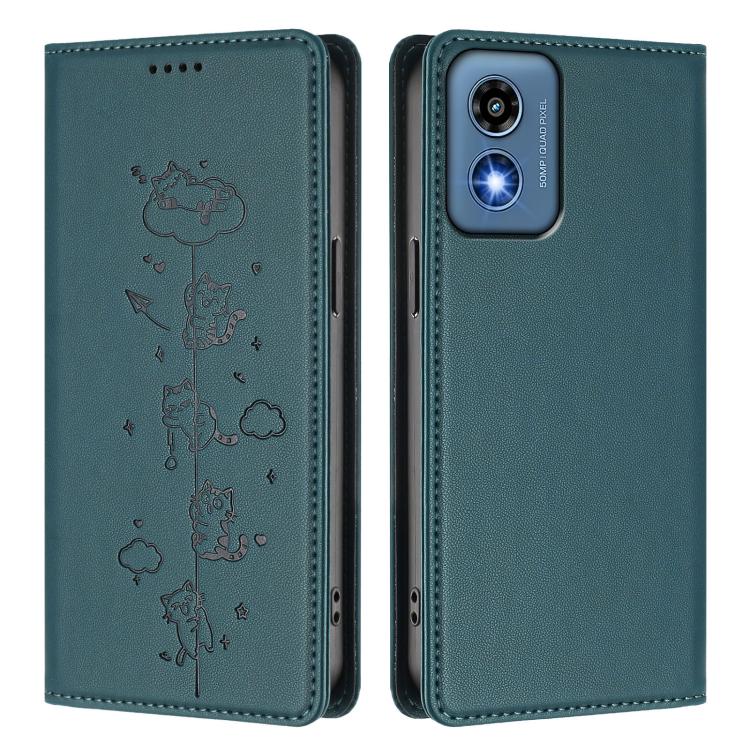 For Motorola Moto G Play 5G 2024 Cute Cats Embossed Magnetic RFID Vegan Leather Phone Case