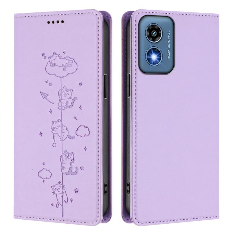 For Motorola Moto G Play 5G 2024 Cute Cats Embossed Magnetic RFID Vegan Leather Phone Case