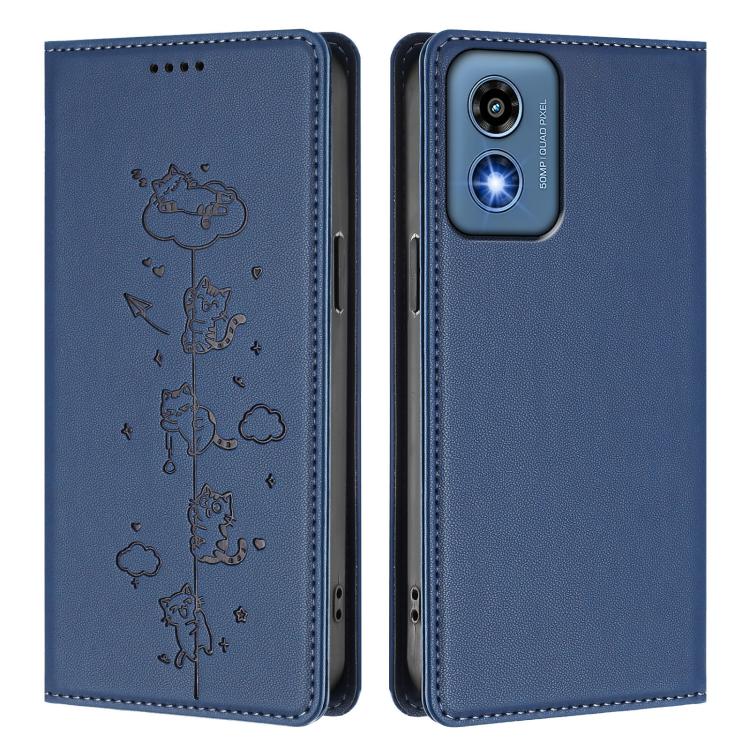For Motorola Moto G Play 5G 2024 Cute Cats Embossed Magnetic RFID Vegan Leather Phone Case