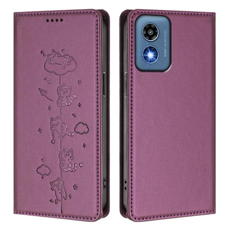 For Motorola Moto G Play 5G 2024 Cute Cats Embossed Magnetic RFID Vegan Leather Phone Case