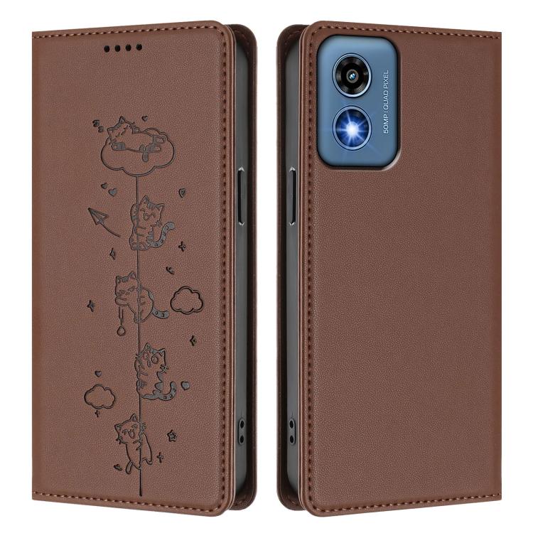 For Motorola Moto G Play 5G 2024 Cute Cats Embossed Magnetic RFID Vegan Leather Phone Case