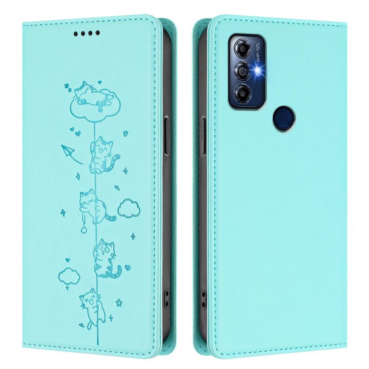 For Motorola Moto G Play 2023 Cute Cats Embossed Magnetic RFID Vegan Leather Phone Case