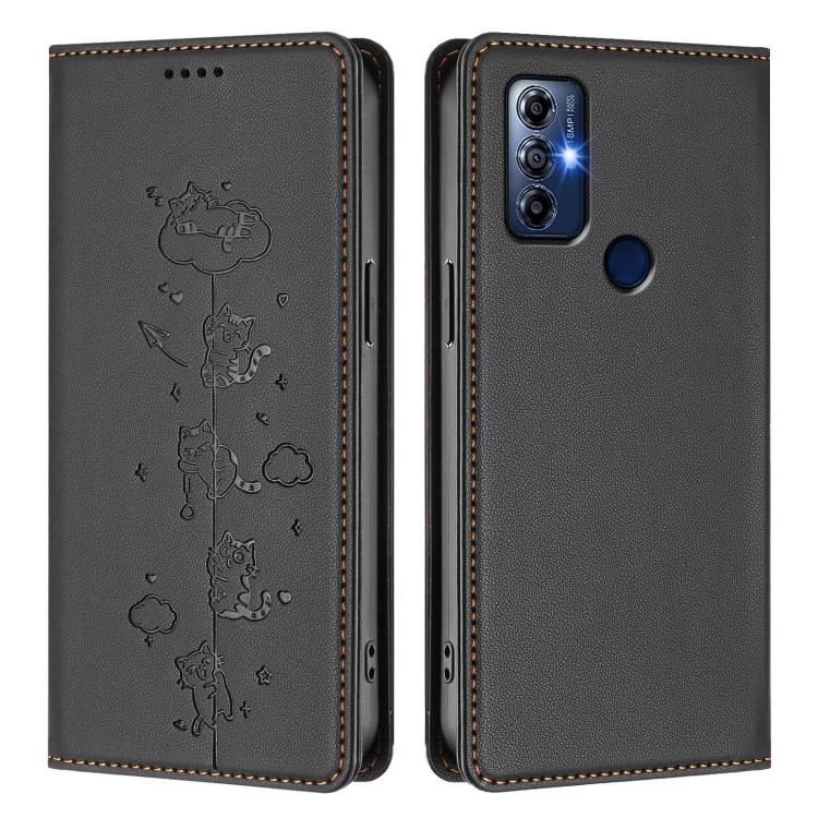 For Motorola Moto G Play 2023 Cute Cats Embossed Magnetic RFID Vegan Leather Phone Case