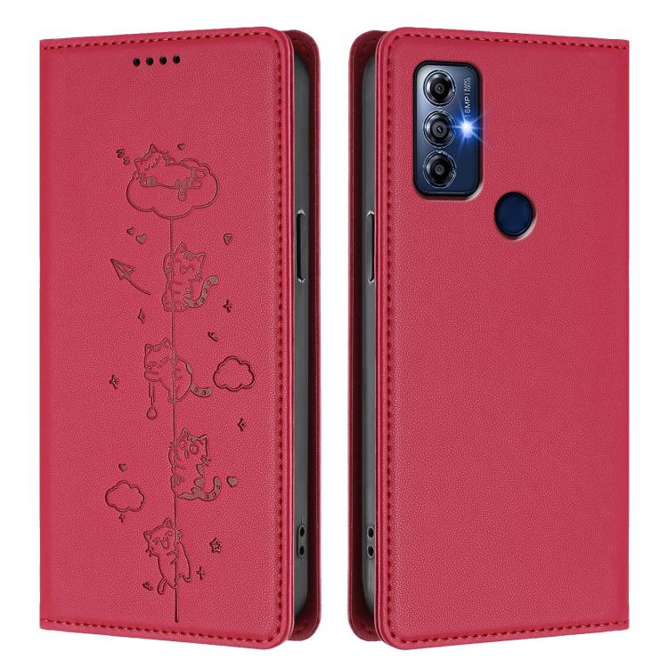 For Motorola Moto G Play 2023 Cute Cats Embossed Magnetic RFID Vegan Leather Phone Case