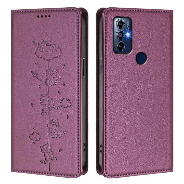 For Motorola Moto G Play 2023 Cute Cats Embossed Magnetic RFID Vegan Leather Phone Case