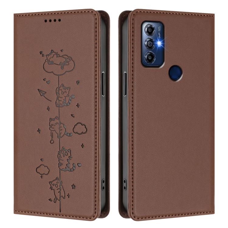 For Motorola Moto G Play 2023 Cute Cats Embossed Magnetic RFID Vegan Leather Phone Case
