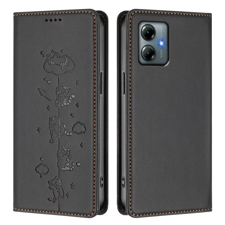 For Motorola Moto G Play 2025 Cute Cats Embossed Magnetic RFID Vegan Leather Phone Case