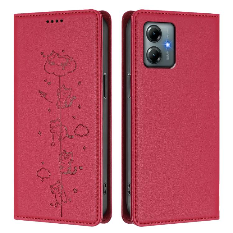 For Motorola Moto G Play 2025 Cute Cats Embossed Magnetic RFID Vegan Leather Phone Case