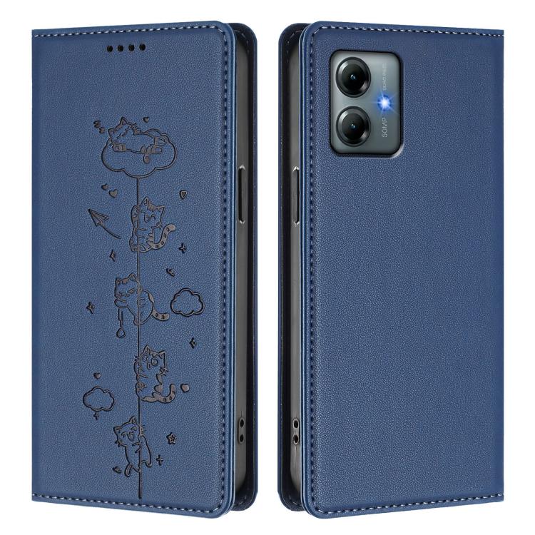 For Motorola Moto G Play 2025 Cute Cats Embossed Magnetic RFID Vegan Leather Phone Case