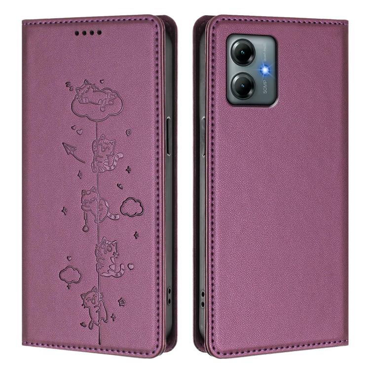 For Motorola Moto G Play 2025 Cute Cats Embossed Magnetic RFID Vegan Leather Phone Case