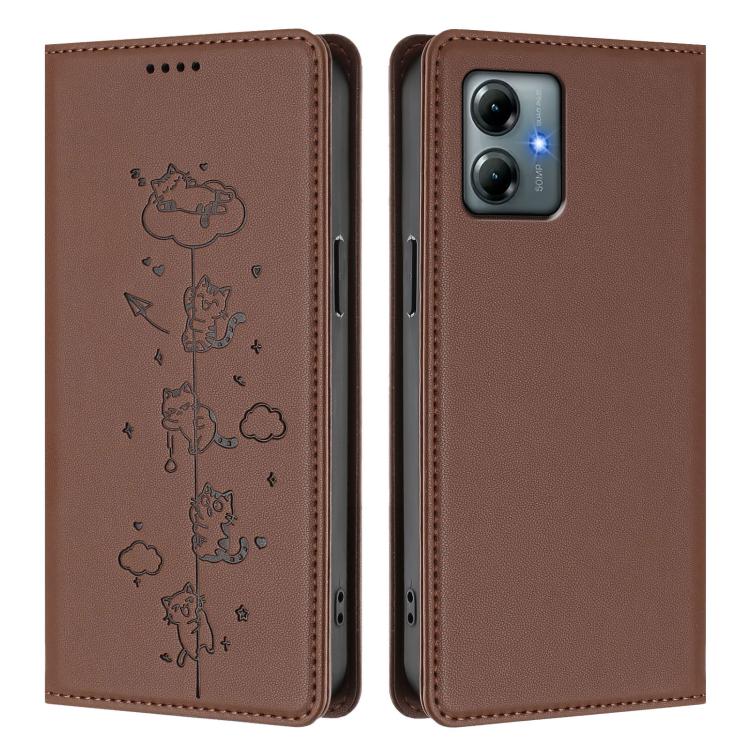 For Motorola Moto G Play 2025 Cute Cats Embossed Magnetic RFID Vegan Leather Phone Case